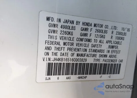 2006 Acura Rl 3.5 из США, поврежденный, VIN JH4KB16516C003829